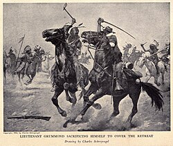 Tomahawk and sabre; or even odds, painting by Charles Schreyvogel (1861–1912). This kind of combat never occurred at the Battle of the Little Bighorn: none of the 7th Cavalry carried sabers on Custer's orders.