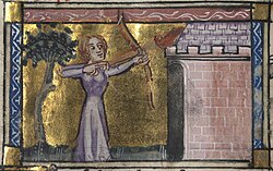 Venus, setting fire to the castle where the Rose is imprisoned, in the medieval French romance Roman de la Rose. In this story Venus is portrayed as the mother of Cupid