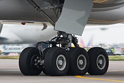 Tires on the wheels of a bogie on a Boeing 777