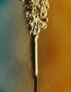 Schlieren photograph showing the thermal convection plume rising from an ordinary candle in still air. The plume is initially laminar, but transition to turbulence occurs in the upper third of the image. The image was made by Gary Settles using a one-meter-diameter schlieren mirror.