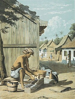 A lithograph depiction of kris blacksmith in Java, Dutch East Indies, c. 1854