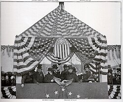 McKinley, (right of center) flanked by Georgia Governor Allen D. Candler (front row to McKinley's right) and Gen. William Rufus Shafter, reviewing the Atlanta Peace Jubilee parade, December 15, 1898
