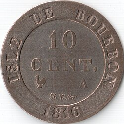 An 1816 ten-centime coin from Réunion, from when it was still called Isle Bourbon