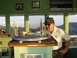 USFS fire lookout on duty at Vetter Mountain, California.