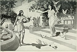 Illustration of the Assyrian Sargon legend (1913): The young Sargon, working as a gardener, is visited by Ishtar "surrounded by a cloud of doves"