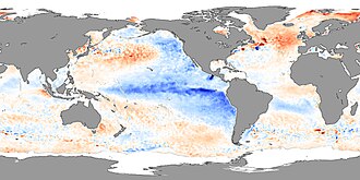 Sea surface temperature anomalies in November 2007, showing La Niña conditions