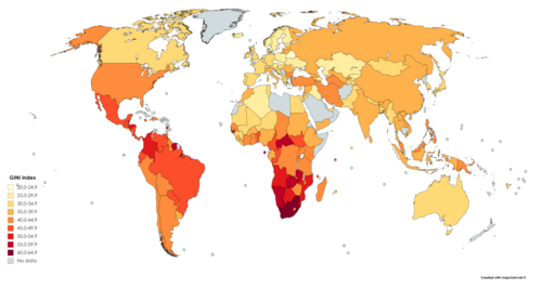 Countries' income inequality according to their most recent reported Gini index values as of 2018[35]