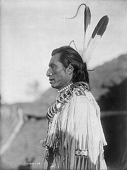 Crow's Heart, a Mandan, wearing a traditional deerhide tunic, photo by Edward Curtis, c. 1908
