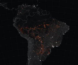 Locations of active wildfires (marked in orange) in the Amazon as of 22 August 2019