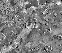 THEMIS daytime infrared image mosaic showing Eden Patera (at center), one of the proposed volcanic caldera complexes in Arabia Terra, and its surroundings