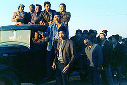 A snapshot from director John Korty's "Farewell to Manzanar." Chin is in the foreground, with Lawson Inada directly behind.