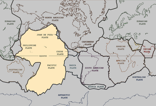 The Pacific plate and other principal plates of Earth's lithosphere