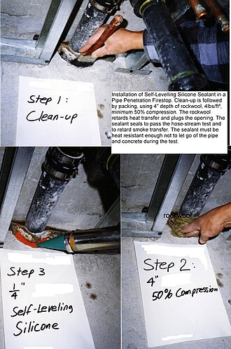 Self-leveling silicone firestop system used around pipe through-penetration in a two-hour fire-resistance rated concrete floor assembly.