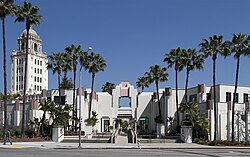 The Beverly Hills Civic Center, built 1982–90, is a mix of Spanish Revival, Art Deco, and Postmodern styles.