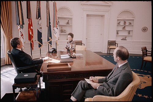 Shirley Temple with President Richard Nixon and National Security Advisor Brent Scowcroft in the Oval Office, February 1974