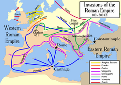Map showing the paths of invasion by various groups into Eastern and Western Roman territory
