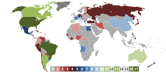 World map depicting the number of times a national team has participated in the World Cup as of 2014.