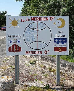 The prime meridian sign in Parnay, Maine-et-Loire, France