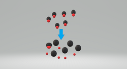 Image of a strong acid mostly dissociating. The small red circles represent H+ ions.