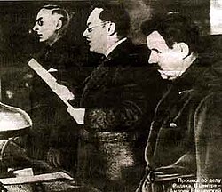 Prosecutor General Andrey Vyshinsky (centre) reading the 1937 indictment against Karl Radek during the second Moscow Trial