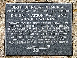 Memorial plaque commemorating Robert Watson-Watt and Arnold Wilkins