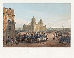 U.S. Army occupation of Mexico City in 1847. The U.S. flag flying over the National Palace, the seat of the Mexican government. Carl Nebel.