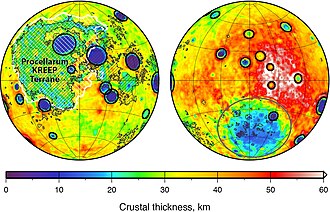 Map of the Moon colored by the thickness of the crust, with main regions marked.The KREEP rich magma terrane (hatched), with its most prominent part labeled on the near side (left), the Mare Procellarum KREEP Terrane (PKT).The South Pole–Aitken Terrane (SPAT) is marked on the far side (right, largest circle).The 24 crater basins with crustal thinning greater than 200 km (120 mi) are marked (black circles) across both hemispheres.The rest is the high-thickness Felspathic Highlands Terrane (FHT; red and white).[131]
