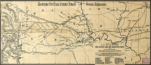 A map from the late 1850s showing prominent routes to the gold regions