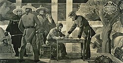 Signing of the treaty at Campo de Cahuenga by Andrés Pico and John C. Frémont