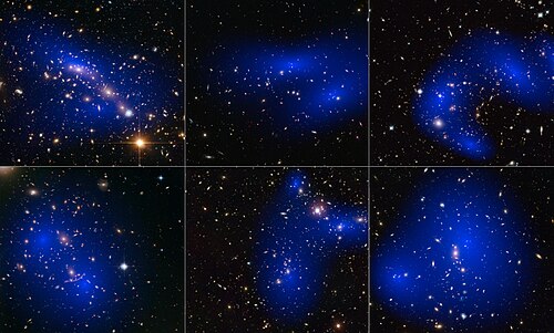 Collage of six cluster collisions with dark matter maps. The clusters were observed in a study of how dark matter in clusters of galaxies behaves when the clusters collide.[174]