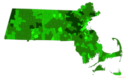 Towns in Massachusetts by combined mean SAT of their public high school district for the 2015–2016 academic year[242]