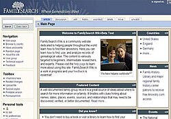 Screenshot of the FamilySearch Wiki MainPage in 2007-2008