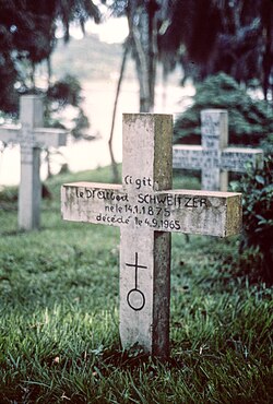 Schweitzer's grave in Lambaréné, marked by a cross he made himself