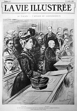 Front page of La Vie Illustrée on 25 July 1902. Mme Camille du Gast stands in court during the cases of character defamation by the barrister Maître Barboux, and the Prince of Sagan's assault on Barboux.