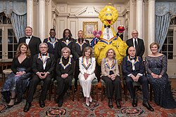 The 2019 honorees Michael Tilson Thomas, Earth, Wind & Fire, Linda Ronstadt, Sally Field and Sesame Street with Secretary of State Mike Pompeo at rear far left