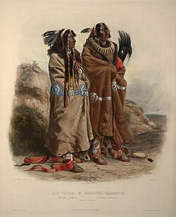 A pair of Mandan men in a print by Karl Bodmer, 19th century. Yellow Feather at left, "son of a celebrated chief". He was killed by a Sioux around a year after Bodmer painted him.[9]