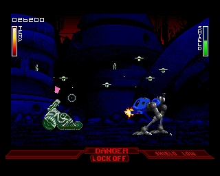 In the game, the player controls a bipedal mech to advance through the several stages and defend against enemies, who attempt to lower the mech's shields.