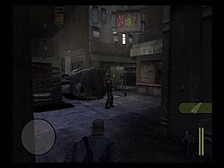 An example of stealth in Manhunt; Cash hides in the shadows from a hunter, preparing to sneak up on him.
