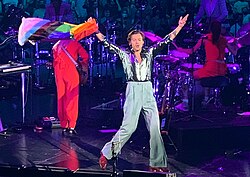 Harry Styles on stage, waving a rainbow flag