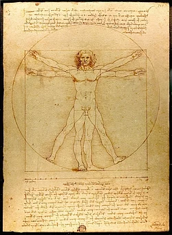 Vitruvian Man by Leonardo da Vinci, an illustration of the human body inscribed in the circle and the square derived from a passage about geometry and human proportions in Vitruvius' writings