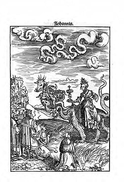 Whore of Babylon wearing the papal tiara from a woodcut in Luther Bible