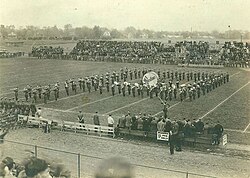 The first marching band formation, the Purdue All-American Marching Band "P Block"