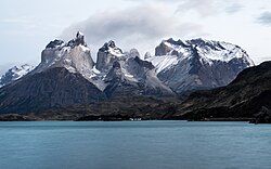 Looking at the Cuernos del Paine and Monte Almirante Nieto from the Lago del Toro in the morning