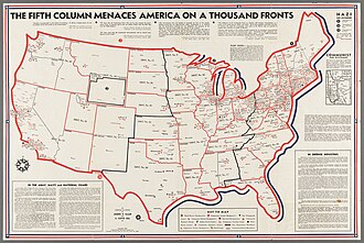 "The Fifth Column Menaces America on a Thousand Fronts," a propaganda map produced by the Constitutional Educational League, based on investigations by the House Un-American Activities Committee, purporting to show the extent of Communist, Nazi, and Italian Fascist sympathizers in the United States, 1941