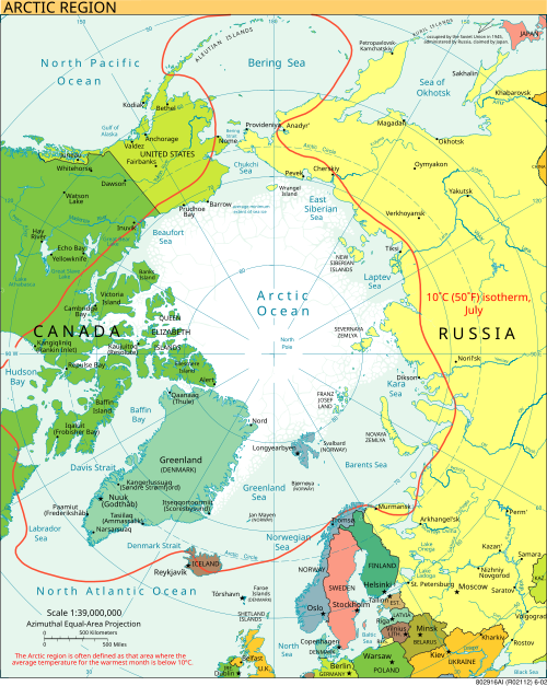 The Arctic region; of note, the region's southerly border on this map is depicted by a red isotherm, with all territory to the north having an average temperature of less than 10 °C (50 °F) in July.