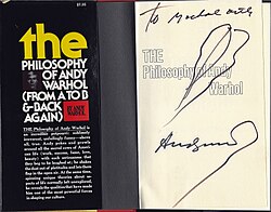 Drawing by Warhol dedicated to Michael Arth in The Philosophy of Andy Warhol (1975)
