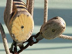 A pulley block for rigging on a sailing ship. By 1808, annual production in Portsmouth reached 130,000 blocks.