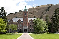 The University of Montana campus, showing Mount Sentinel with The M logo