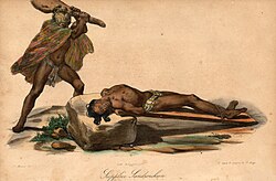 Hawaiian human sacrifice, from Jacques Arago's account of Freycinet's travels around the world from 1817 to 1820.