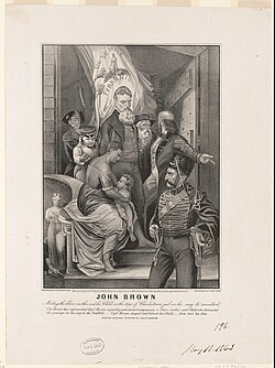 In a Currier and Ives print from 1863, John Brown is depicted as Christ-like, en route to his execution, with a black mother and her mulatto child. Above his head is the flag of Virginia, and its motto, Sic semper tyrannis.